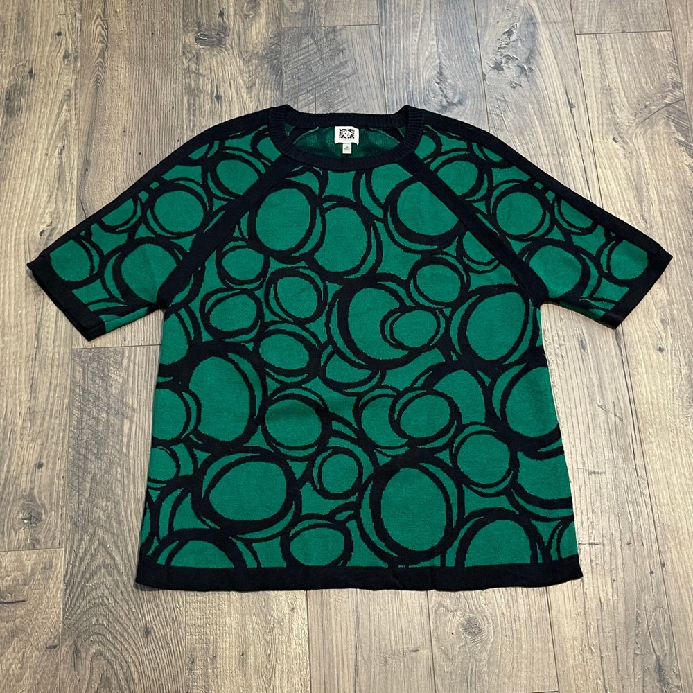 Anne Klein Green Black Geometric Circle Short Sleeve Knit Sweater Top Medium